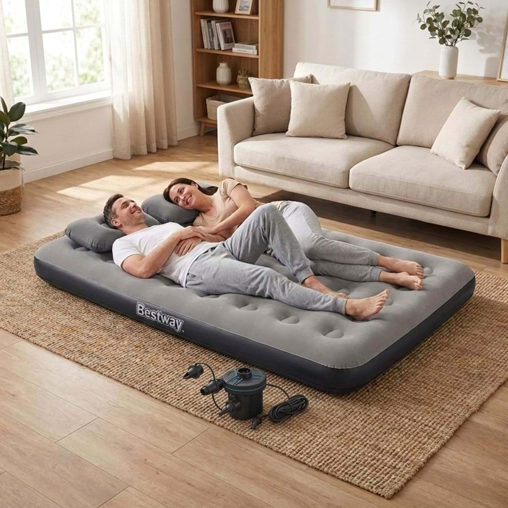 Bestway Ultra Queen 2 Kişilik Şişme Yatak + Elektrikli Pompa ve Yastık Hediyeli 191x137x22cm 671GZ BW145