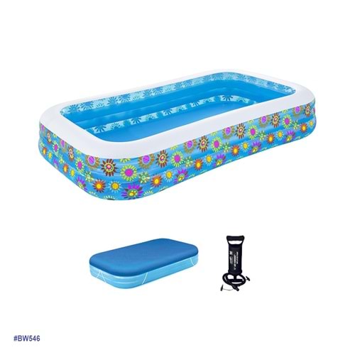 Bestway Çiçek Desenli Şişme Aile Havuzu 305x183x56 cm + El Pompası + Üst Kapama Örtüsü 54121 BW546