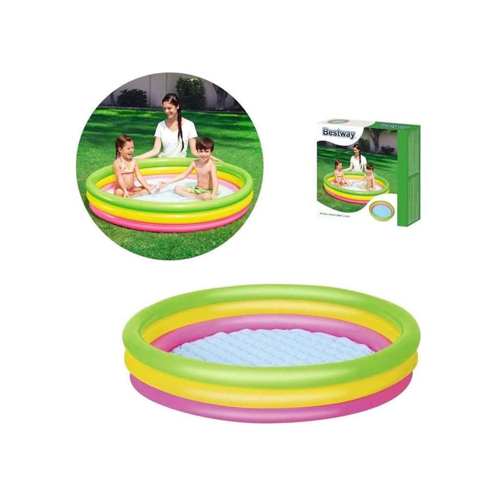 Bestway 62008 Pompasıyla - Bestway 51104, 3 Boğum Renkli, Şişme Zemin Çocuk Havuzu, (102X25CM)