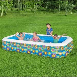 Bestway Çiçek Desenli Şişme Aile Havuzu 305x183x56 cm + El Pompası + Üst Kapama Örtüsü 54121 BW546