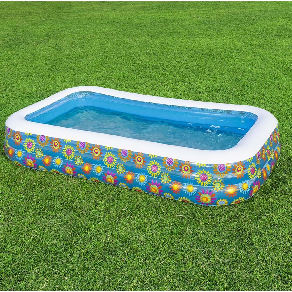 Bestway Çiçek Desenli Şişme Aile Havuzu 305x183x56 cm + El Pompası + Üst Kapama Örtüsü 54121 BW546