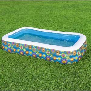Bestway Çiçek Desenli Şişme Aile Havuzu 305x183x56 cm + El Pompası + Üst Kapama Örtüsü 54121 BW546